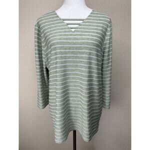 Weekends By Chico's Women's Tunic Top Size 2 Lg 3/4 Sleeves Green Striped V Neck